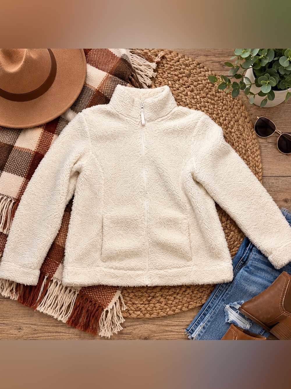 Croft & Barrow Women’s M Cream Sherpa Fleece Full Zip Jacket Cozy Fall